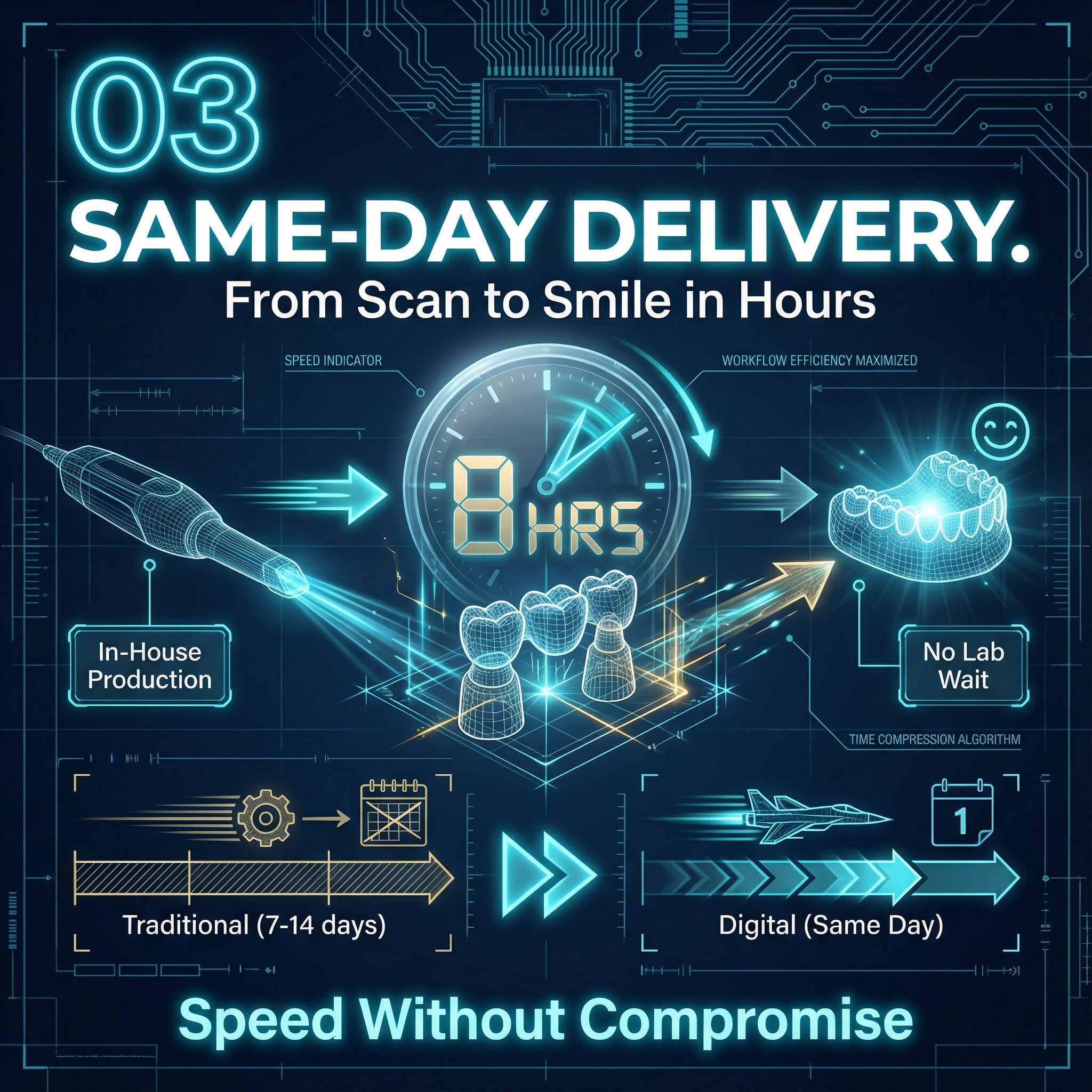 Same-day delivery workflow from scan to smile in hours